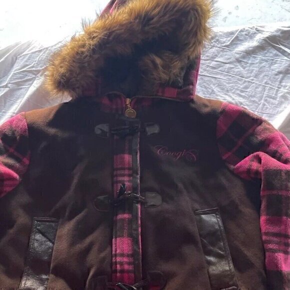 Vintage Coogi Women’s XL Plaid Wool Blend Hooded Full Zip Jacket Pink Brown Y2K - Picture 1 of 16